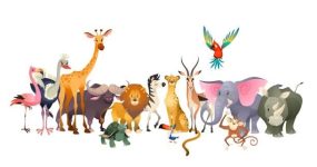 Wild animals. Safari wildlife africa happy animal lion zebra elephant rhino parrot giraffe ostrich flamingo cute zoo jungle vector poster